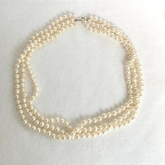 Sterling Silver 925 Layered Beige Baroque Triple Strand Pearl Necklace 18" - 19" - Picture 5 of 16